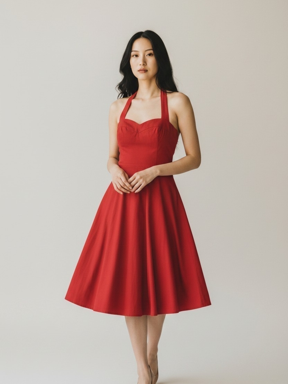 Classic Red Halter Midi Dress